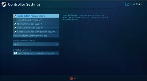 Ustawienia kontrolera Steam: zaznaczone opcje wsparcia dla kontrolerów PS4, Xbox i generycznych.