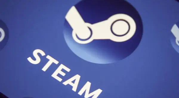 Logo Steam i napis "STEAM" na niebieskim tle.