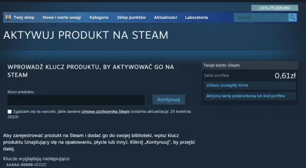 Strona aktywacji produktu na Steam z polem na klucz i przyciskiem "Kontynuuj".